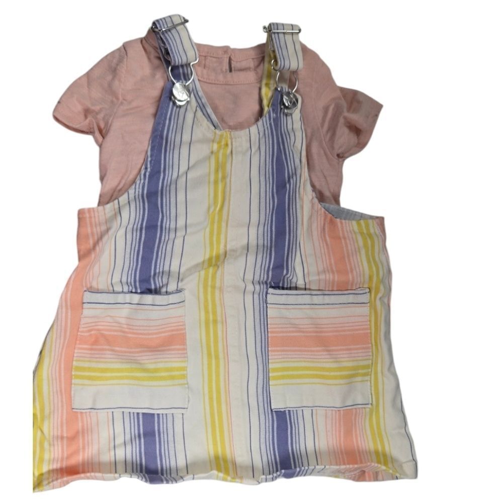 Jessica Simpson 12M Baby Girl Pastel Pink Denim Stripe Overall Dress 2pc Outfit